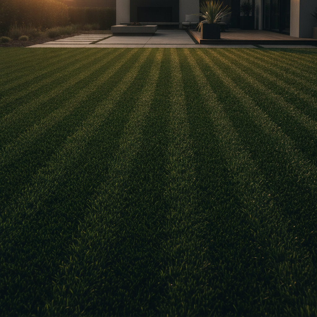 A freshly installed artificial turf lawn glowing at golden hour with crisp mowing lines, representing local SEO and Google rankings for turf installation companies, Avalon Web Systems