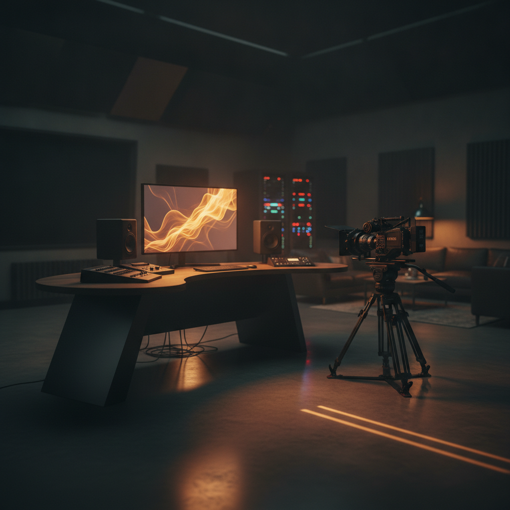 A cinematic brand film production setup in a dark premium Atlanta studio with a glowing monitor displaying brand narrative footage, Avalon Web Systems