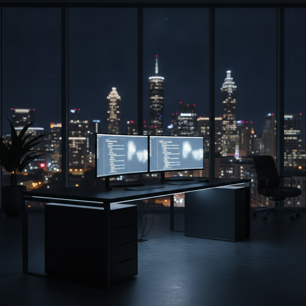 A glowing high-performance web development workspace representing custom Next.js web design for Atlanta businesses, Avalon Web Systems
