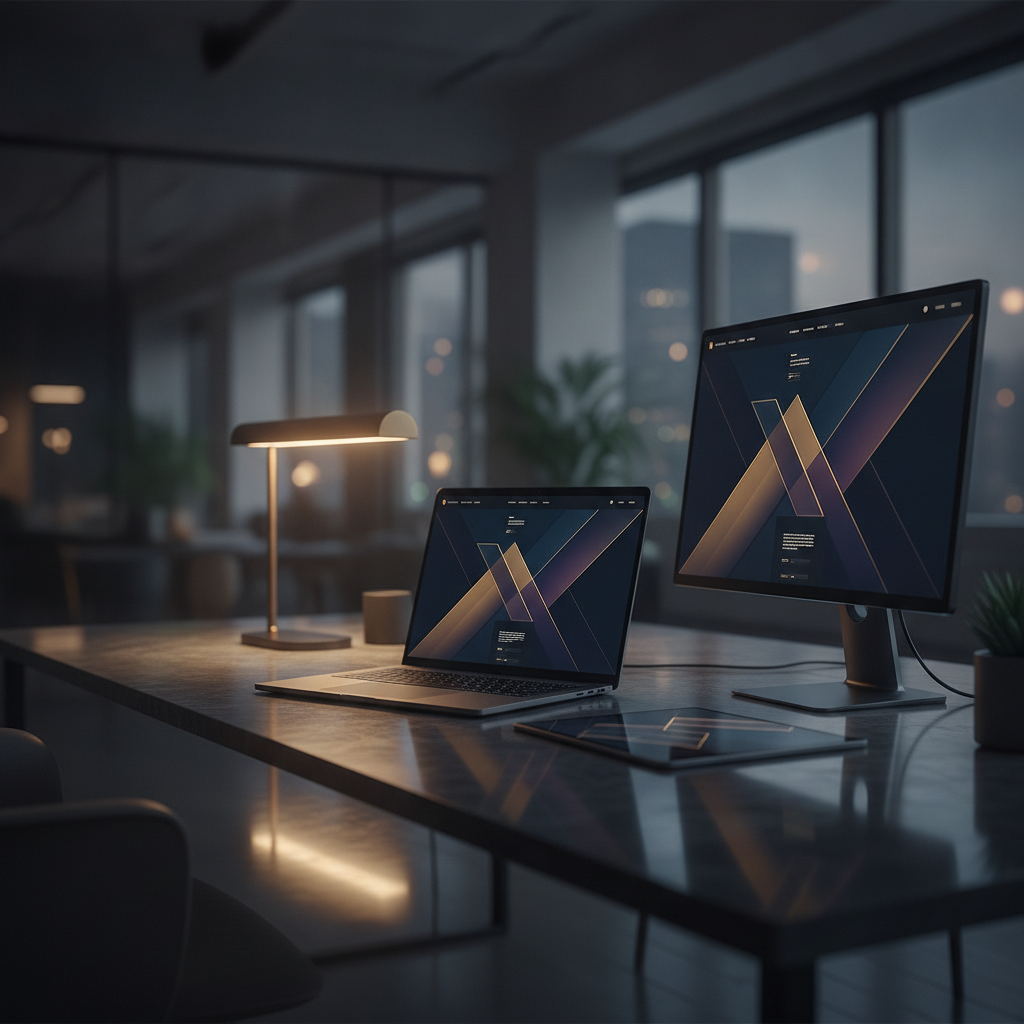 A sleek modern design workspace with a laptop displaying a premium website mockup, representing custom web design pricing for Atlanta small businesses, Avalon Web Systems