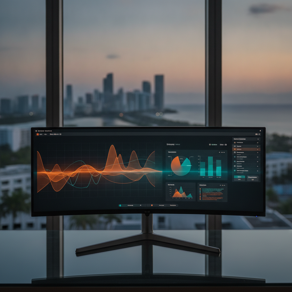 A glowing analytics dashboard showing Google Ads campaign performance on a dark premium workspace, representing B2B lead generation for Miami businesses, Avalon Web Systems