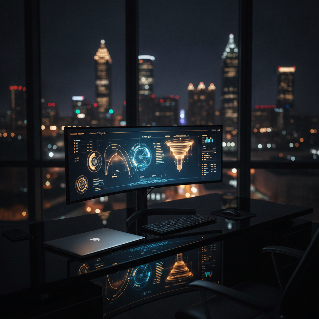 A glowing analytics dashboard on a dark premium workspace representing lead generation systems for Atlanta professional services firms, Avalon Web Systems