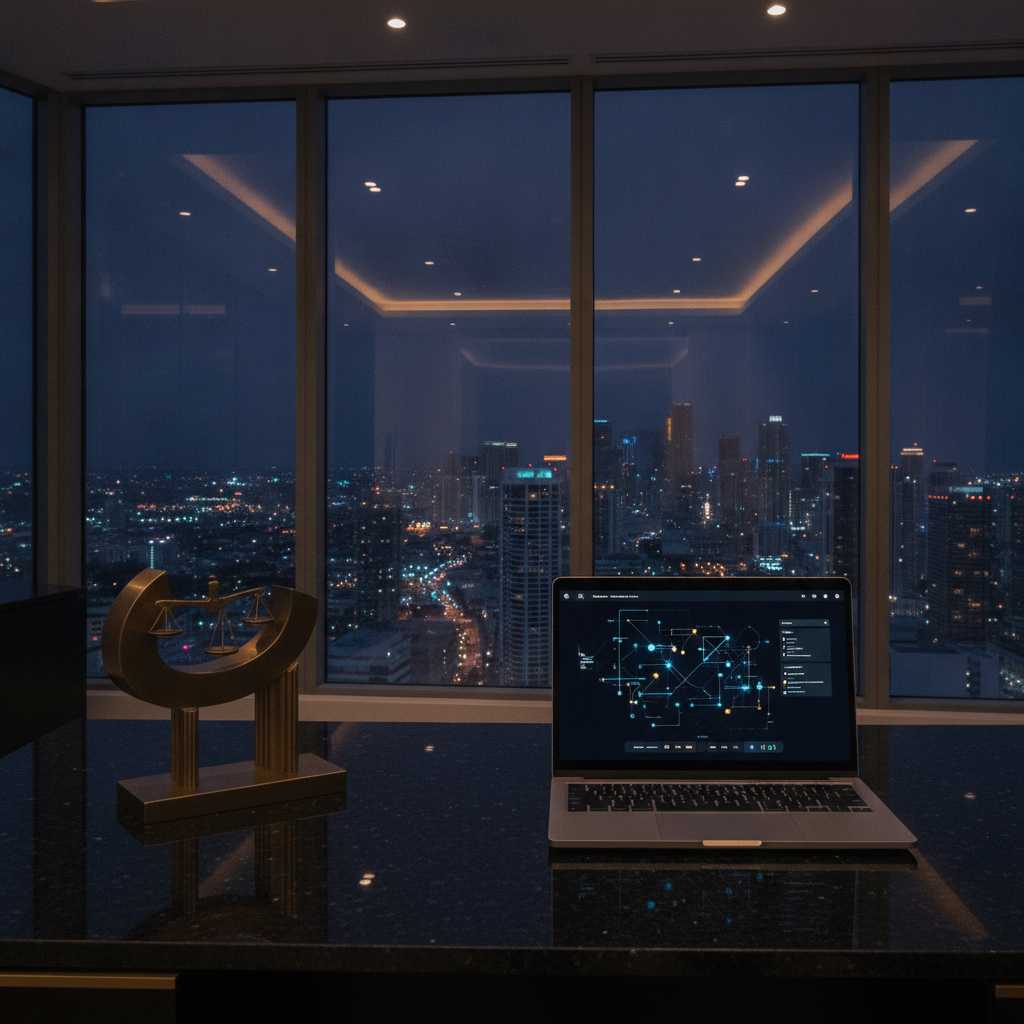 A dark premium Miami skyline behind a glowing scales-of-justice analytics dashboard, representing local SEO for law firms in Miami, Avalon Web Systems
