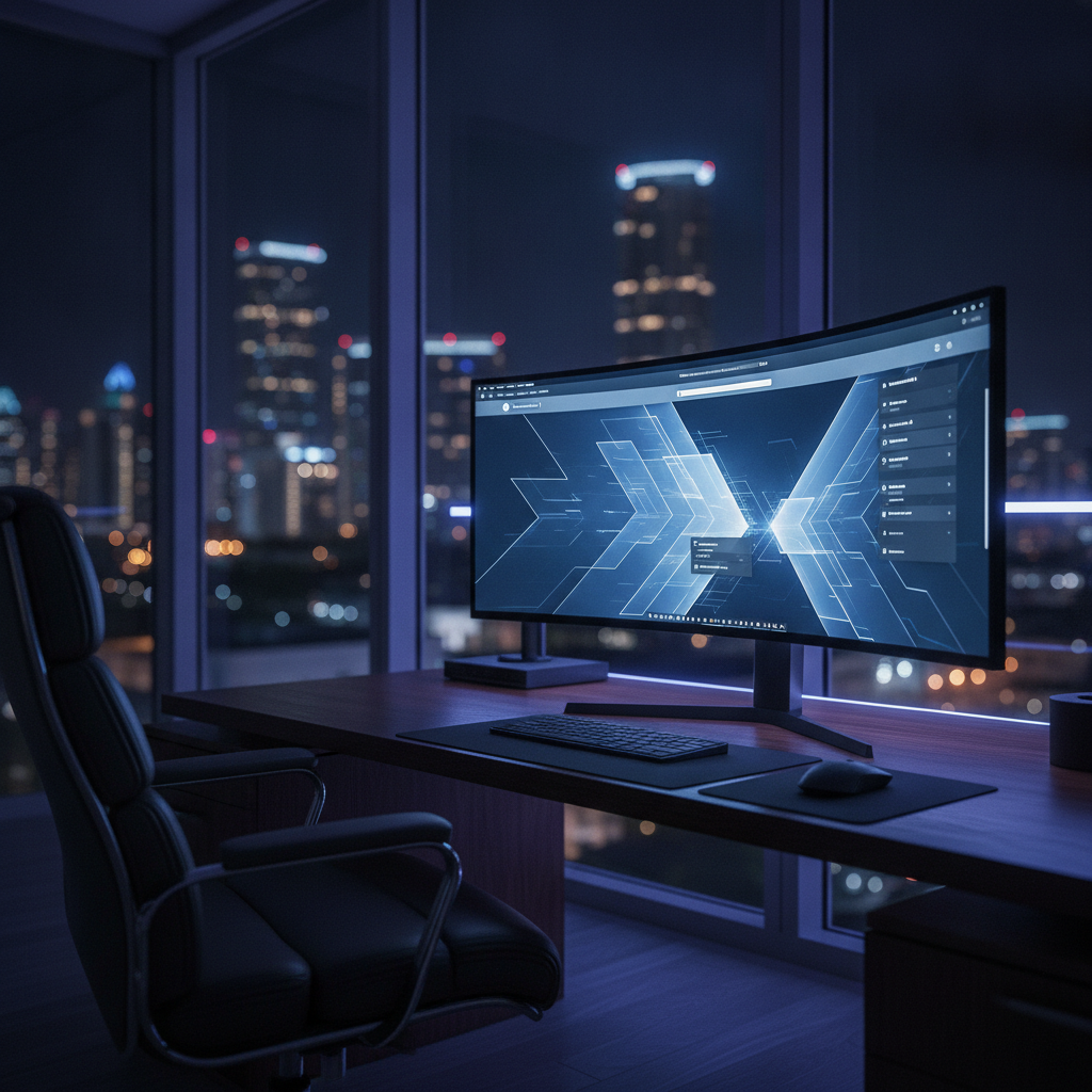 A sleek glowing web application interface on a dark premium workspace, representing Miami custom web application development by Avalon Web Systems